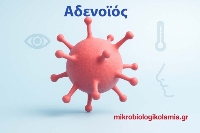 3D ιατρική απεικόνιση αδενοϊού σε κλινικό, φιλικό προς τον ασθενή ύφος. Ο ιός απεικονίζεται με ήπια χρώματα και συνοδευτικά εικονίδια που παραπέμπουν σε συμπτώματα λοίμωξης του αναπνευστικού (πυρετός, πονόλαιμος, επιπεφυκίτιδα). Η εικόνα περιλαμβάνει την κόκκινη υπογραφή «mikrobiologikolamia.gr» ως σήμα ταυτότητας του Μικροβιολογικού Εργαστηρίου Λαμίας.