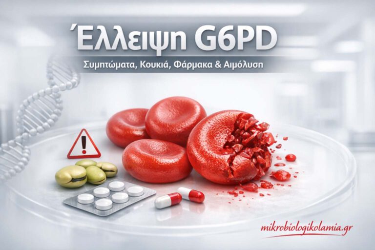 Έλλειψη G6PD με ερυθρά αιμοσφαίρια, κουκιά και φάρμακα σε ιατρικό φόντο