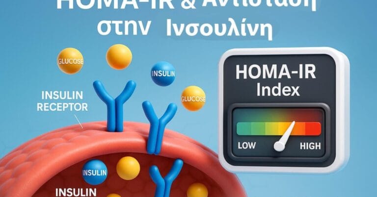«HOMA-IR και Αντίσταση στην Ινσουλίνη – Ιατρικό infographic με γλυκόζη, ινσουλίνη και μεταβολικό δείκτη».