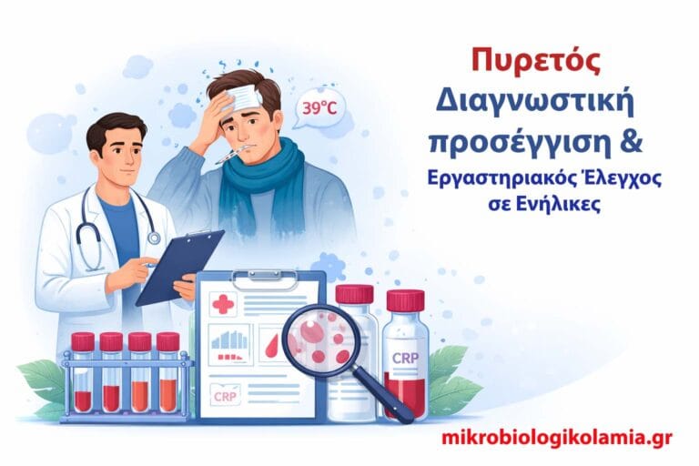 Ιατρός αξιολογεί ενήλικα με πυρετό, θερμόμετρο 39°C και εργαστηριακές εξετάσεις αίματος με έμφαση στην CRP και τη γενική αίματος