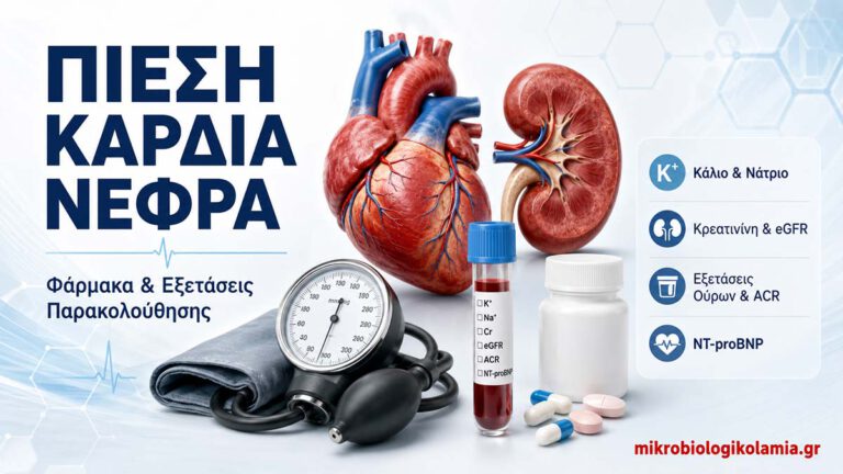 Πίεση, καρδιά και νεφρά με πιεσόμετρο, καρδιά, νεφρό και εξετάσεις καλίου, νατρίου, κρεατινίνης, eGFR, ούρων, ACR και NT-proBNP