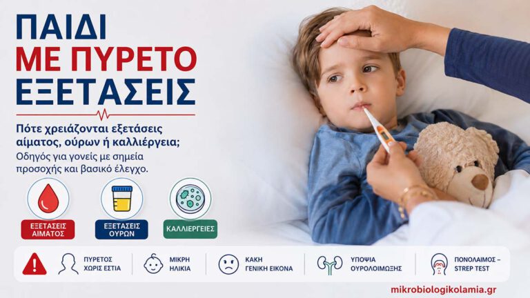 Παιδί με πυρετό και θερμόμετρο με εικονίδια για εξετάσεις αίματος, ούρων και καλλιέργειες