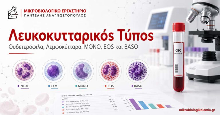 Λευκοκυτταρικός τύπος με ουδετερόφιλα, λεμφοκύτταρα, μονοκύτταρα, ηωσινόφιλα και βασεόφιλα