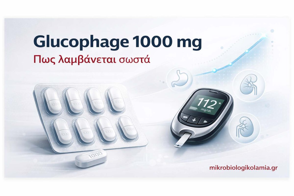 Glucophage 1000 mg featured image με blister δισκίων, γλυκόμετρο και ιατρικά εικονίδια για σωστή λήψη μετφορμίνης