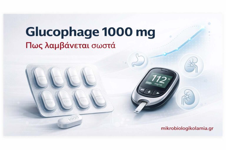 Glucophage 1000 mg: Δόση, Παρενέργειες, HbA1c & eGFR 1 Glucophage 1000 mg featured image με blister δισκίων, γλυκόμετρο και ιατρικά εικονίδια για σωστή λήψη μετφορμίνης