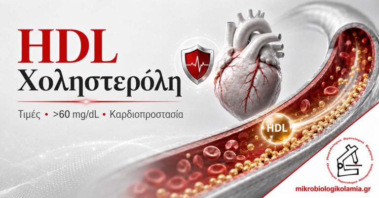 HDL χοληστερόλη και καρδιοπροστασία με απεικόνιση καρδιάς, αγγείου και λογότυπο Μικροβιολογικό Λαμία