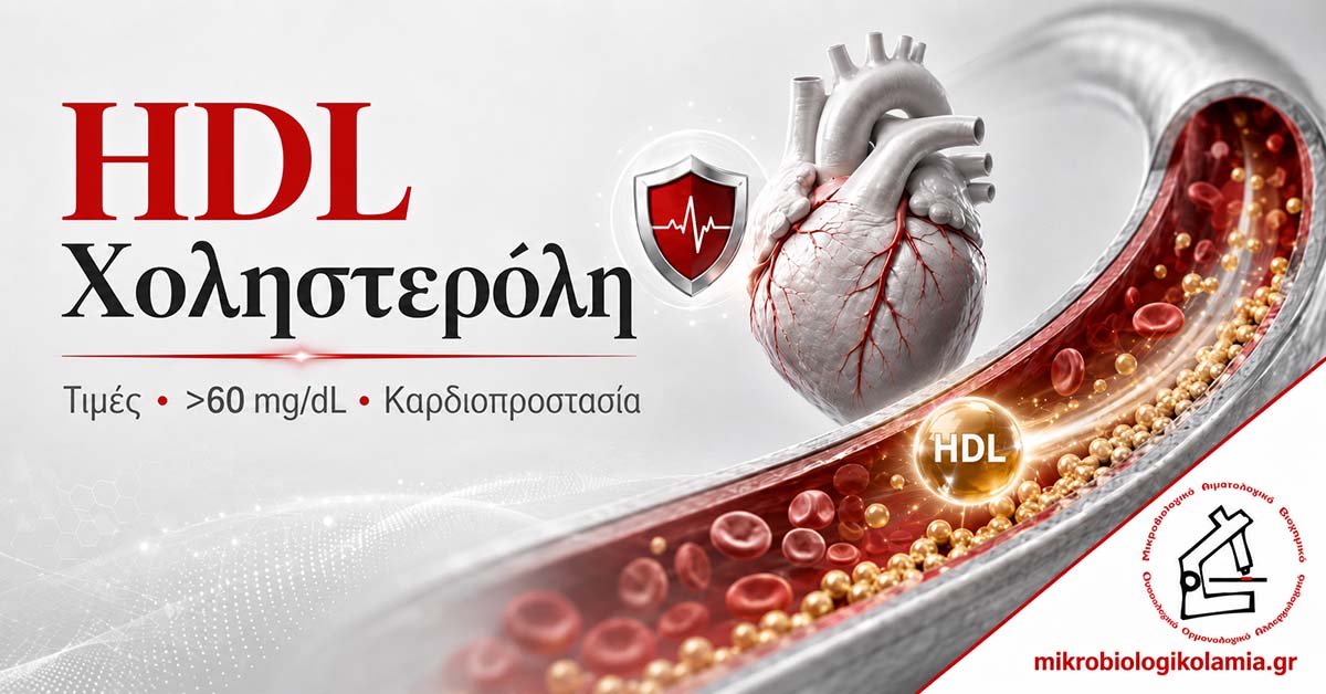 HDL Χοληστερόλη: Φυσιολογικές Τιμές & Τι Σημαίνει >60 mg/dL 1 HDL χοληστερόλη και καρδιοπροστασία με απεικόνιση καρδιάς, αγγείου και λογότυπο Μικροβιολογικό Λαμία