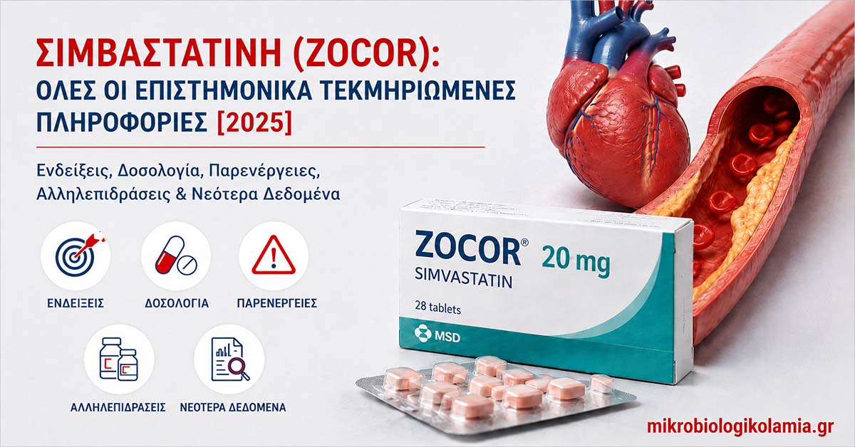 Σιμβαστατίνη (Zocor): featured image με καρδιά, αρτηρία και συσκευασία φαρμάκου για οδηγό σχετικά με χοληστερίνη, παρενέργειες, δοσολογία, αλληλεπιδράσεις και εξετάσεις αίματος
