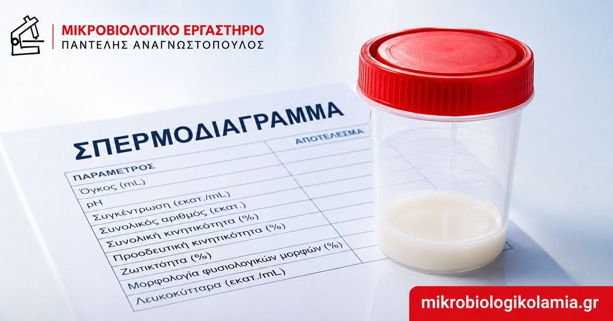 Σπερμοδιάγραμμα με δοχείο δείγματος και βασικές παραμέτρους ανάλυσης σπέρματος