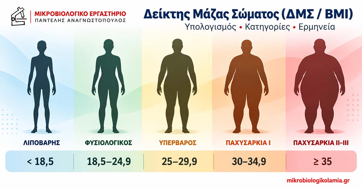 Δείκτης Μάζας Σώματος (ΔΜΣ/BMI): κατηγορίες βάρους με φιγούρες και εύρη τιμών από λιποβαρής έως παχυσαρκία ΙΙ–ΙΙΙ.