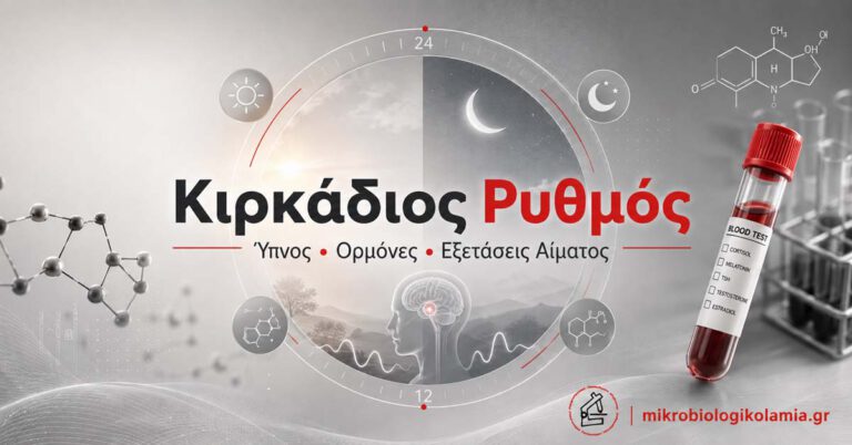 Κιρκάδιος Ρυθμός: Ύπνος, Ορμόνες & Εξετάσεις Αίματος 4 Κιρκάδιος ρυθμός, ύπνος, ορμόνες και εξετάσεις αίματος με εργαστηριακό σωληνάριο και λογότυπο mikrobiologikolamia.gr