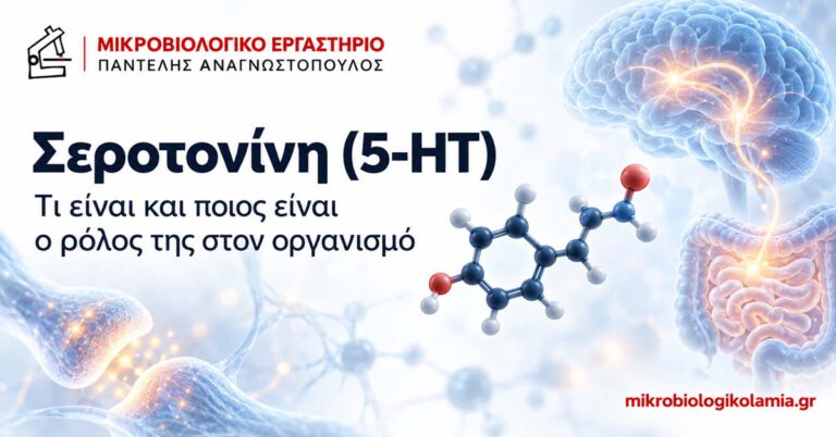 Σεροτονίνη (5-HT): εικονογράφηση του άξονα εγκεφάλου-εντέρου με εγκέφαλο, πεπτικό σύστημα και μόριο σεροτονίνης.