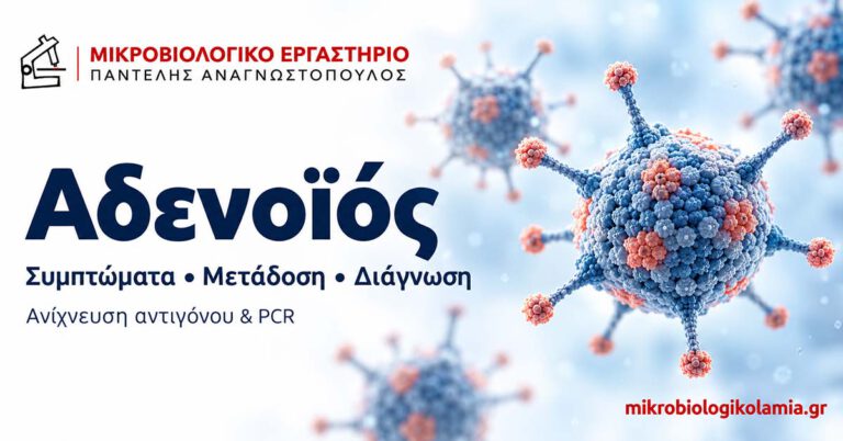 Αδενοϊός: Συμπτώματα, Μετάδοση, Διάρκεια & PCR 4 Εικονογράφηση αδενοϊού για την ενημέρωση σχετικά με τα συμπτώματα, τη μετάδοση και τη διάγνωση με ανίχνευση αντιγόνου ή PCR.