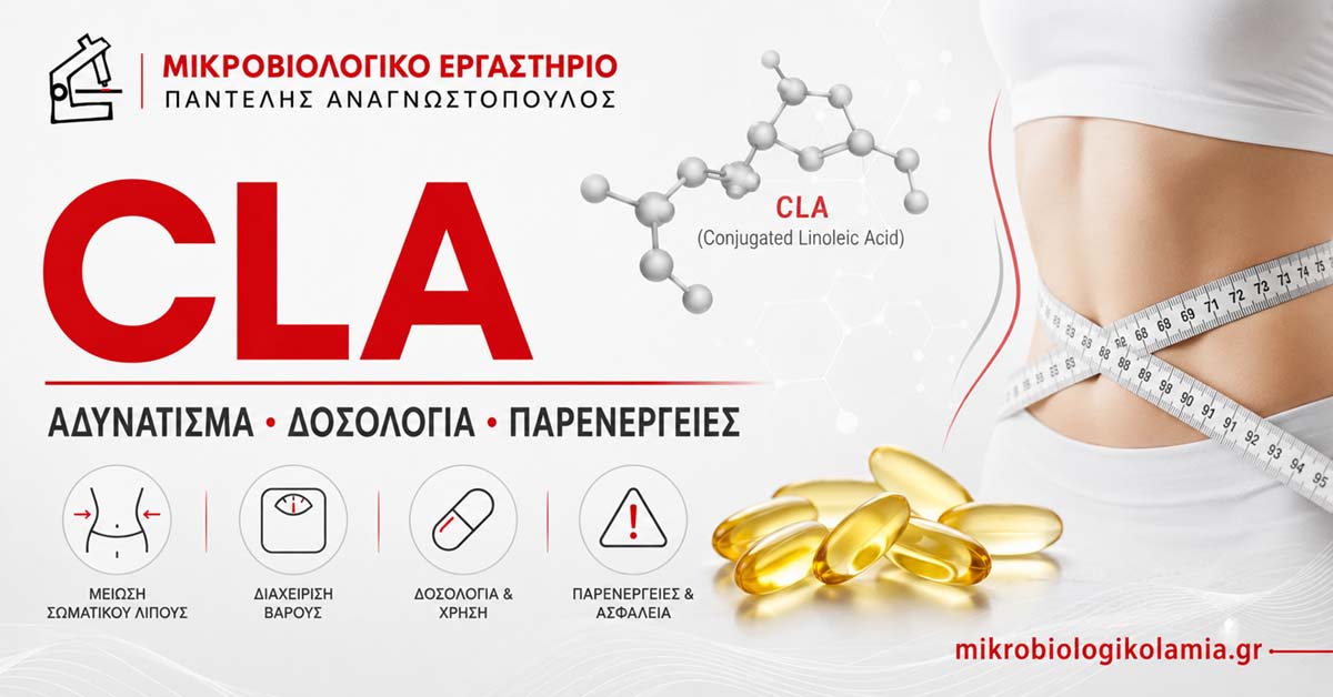 CLA και Αδυνάτισμα: Δοσολογία και Παρενέργειες 1 CLA για αδυνάτισμα, δοσολογία και παρενέργειες με κάψουλες, μέτρηση μέσης και λογότυπο Μικροβιολογικό Εργαστήριο
