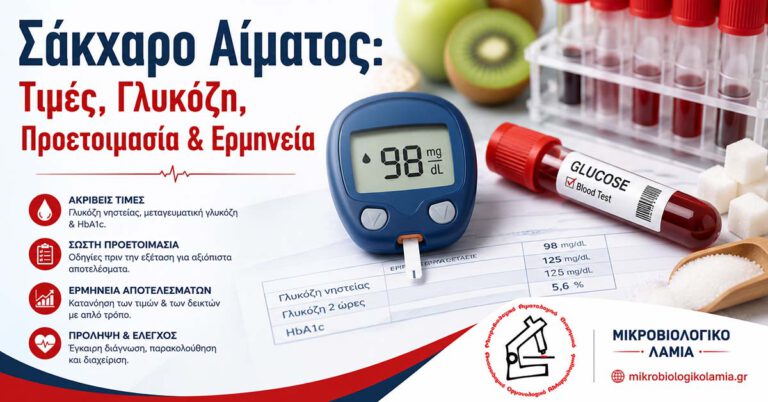 Σάκχαρο Αίματος: Τιμές, Γλυκόζη, Προετοιμασία & Ερμηνεία 4 Σάκχαρο αίματος με γλυκόμετρο, σωληνάριο γλυκόζης, δείγματα αίματος και ερμηνεία τιμών γλυκόζης