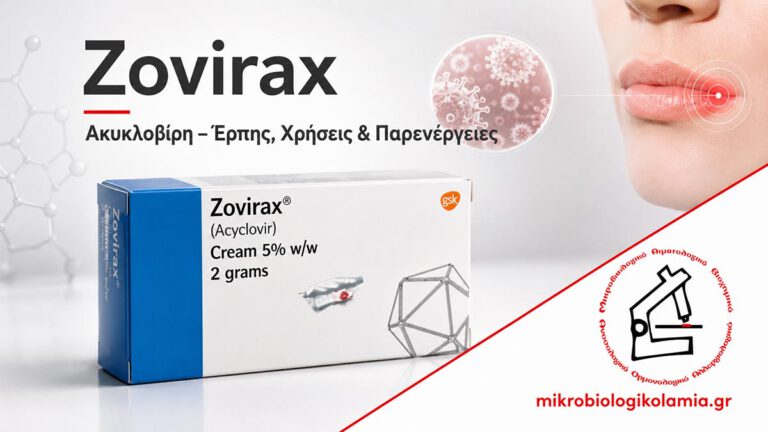 Zovirax ακυκλοβίρη για έρπη, χρήσεις και παρενέργειες με ιατρικό φόντο και λογότυπο Μικροβιολογικό Λαμία