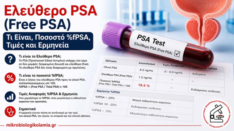 Ελεύθερο PSA Free PSA με σωληνάριο αίματος και απεικόνιση προστάτη – ποσοστό %fPSA, τιμές και ερμηνεία