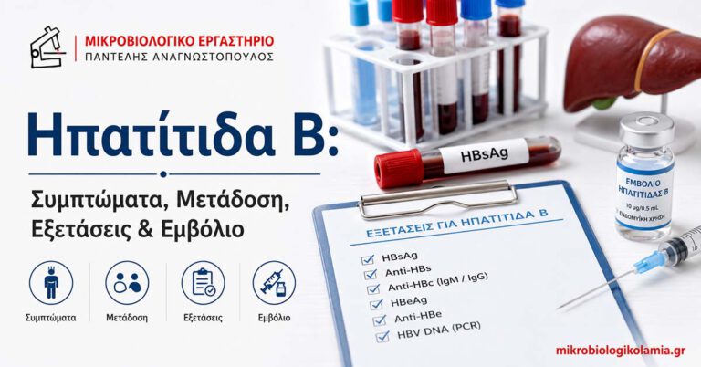 Ηπατίτιδα Β: συμπτώματα, μετάδοση, εξετάσεις και εμβόλιο, με σωληνάριο HBsAg, εμβόλιο και εργαστηριακά στοιχεία