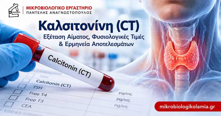 Καλσιτονίνη (CT): Εξέταση αίματος, φυσιολογικές τιμές και ερμηνεία αποτελεσμάτων, με απεικόνιση θυρεοειδούς και δείγμα αίματος.