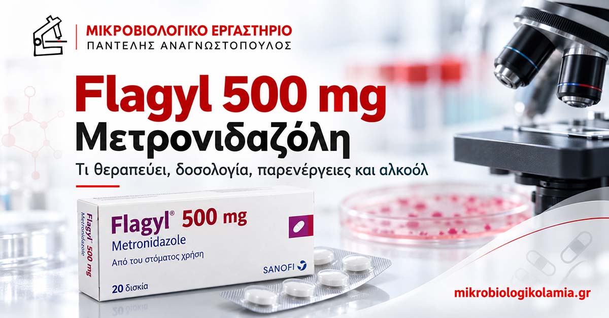 Flagyl 500 mg (μετρονιδαζόλη): τι θεραπεύει, δοσολογία, παρενέργειες και αλκοόλ – εικαστικό οδηγού φαρμάκου από το Μικροβιολογικό Λαμία