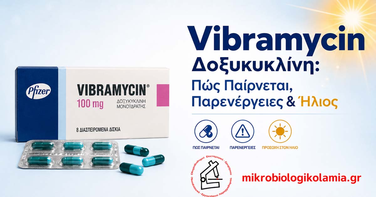 Vibramycin Δοξυκυκλίνη: Πώς Παίρνεται, Παρενέργειες & Ήλιος 1 Vibramycin δοξυκυκλίνη με συσκευασία και κάψουλες – πώς παίρνεται, παρενέργειες και προσοχή στον ήλιο