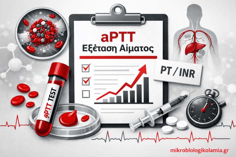 aPTT εξέταση αίματος – featured image με σωληνάριο αίματος, PT/INR και στοιχεία ερμηνείας της πήξης