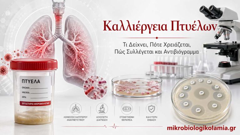 Καλλιέργεια πτυέλων με δείγμα από παραγωγικό βήχα, μικροβιολογική καλλιέργεια και αντιβιόγραμμα