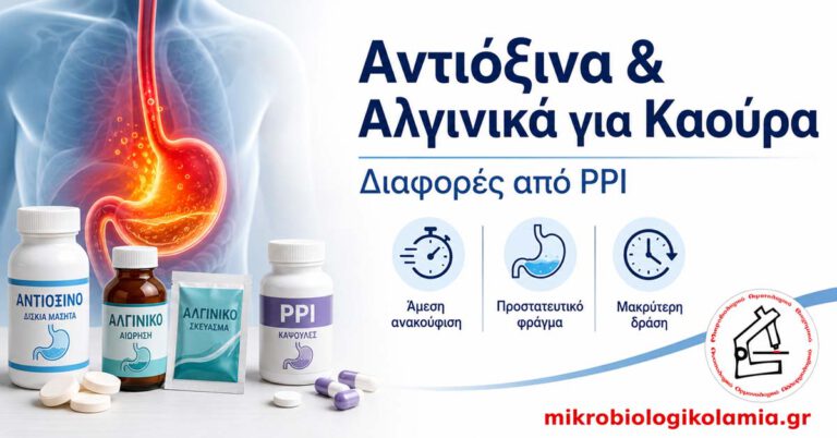 Αντιόξινα και Αλγινικά για Καούρα: Διαφορές από PPI 2 Αντιόξινα και αλγινικά για καούρα σε σύγκριση με PPI, με απεικόνιση γαστροοισοφαγικής παλινδρόμησης