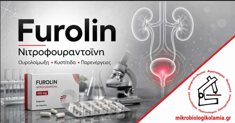 Furolin (Νιτροφουραντοΐνη) για ουρολοίμωξη και κυστίτιδα με απεικόνιση ουροποιητικού συστήματος και το λογότυπο του Μικροβιολογικού Λαμία