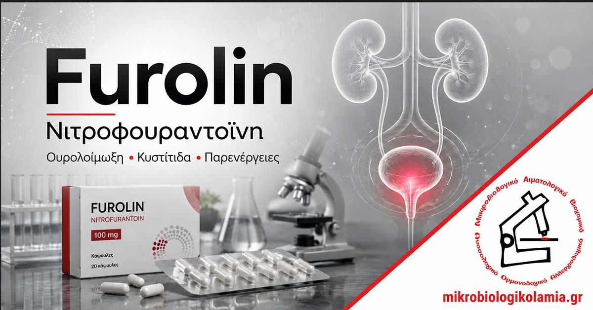 Furolin (Νιτροφουραντοΐνη) για ουρολοίμωξη και κυστίτιδα με απεικόνιση ουροποιητικού συστήματος και το λογότυπο του Μικροβιολογικού Λαμία