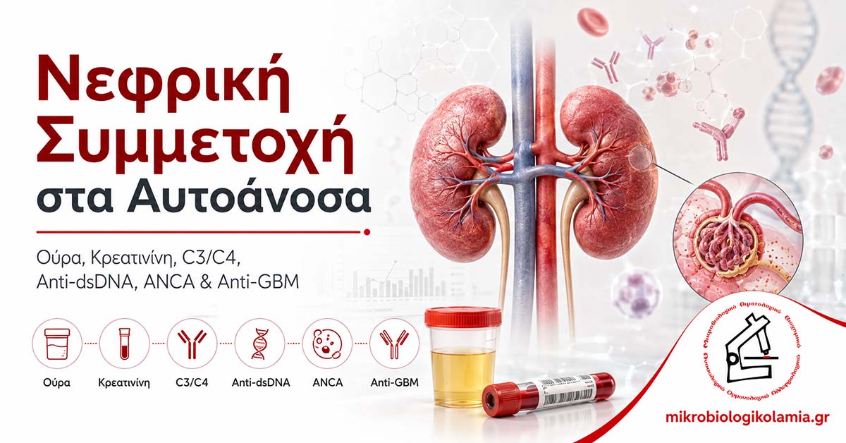 Νεφρική συμμετοχή στα αυτοάνοσα με απεικόνιση νεφρών και εξετάσεις ούρων, κρεατινίνης, C3/C4, Anti-dsDNA, ANCA και Anti-GBM