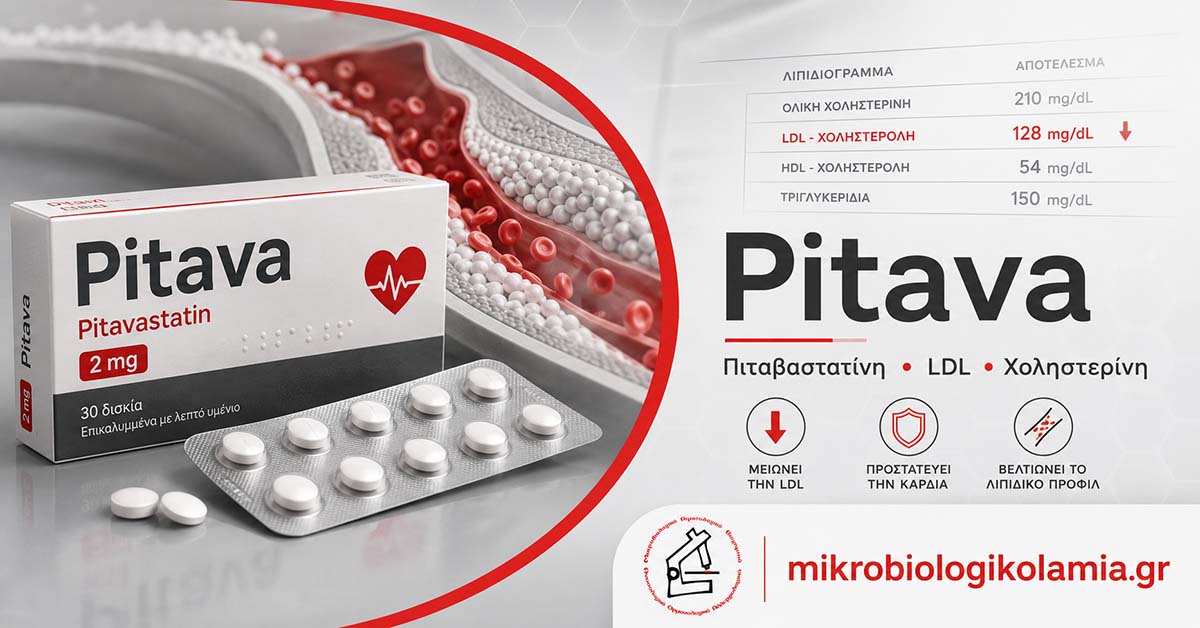 Pitava πιταβαστατίνη για LDL χοληστερίνη με φάρμακο, λιπιδαιμικό προφίλ και λογότυπο Μικροβιολογικό Λαμία
