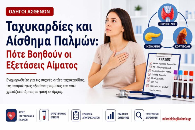 Ταχυκαρδίες και Αίσθημα Παλμών: Ποιες Εξετάσεις Αίματος Χρειάζονται 2 Ταχυκαρδίες και αίσθημα παλμών, με εξετάσεις αίματος για θυρεοειδή, ηλεκτρολύτες, αναιμία και καρδιακούς δείκτες.