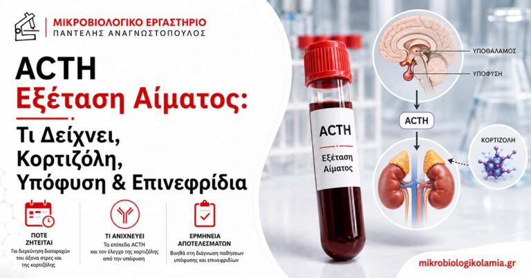ACTH εξέταση αίματος με σωληνάριο αίματος, κορτιζόλη, υπόφυση και επινεφρίδια σε ιατρική εργαστηριακή απεικόνιση.
