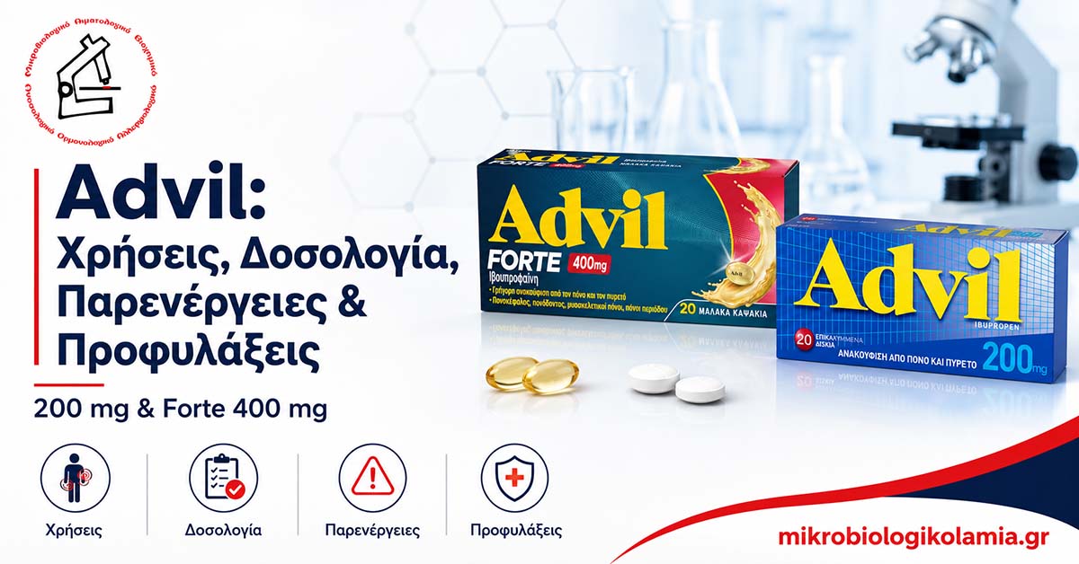 Advil 200 mg και Advil Forte 400 mg με συσκευασίες – χρήσεις, δοσολογία, παρενέργειες και προφυλάξεις