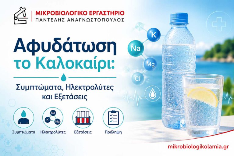 Αφυδάτωση το Καλοκαίρι: Συμπτώματα, Ηλεκτρολύτες και Εξετάσεις 4 Αφυδάτωση το καλοκαίρι με ιατρικό εικαστικό, μπουκάλι νερό, ηλεκτρολύτες και πληροφορίες για συμπτώματα και εξετάσεις