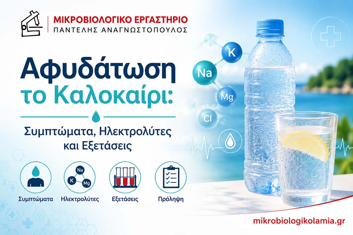 Αφυδάτωση το Καλοκαίρι: Συμπτώματα, Ηλεκτρολύτες και Εξετάσεις 1 Αφυδάτωση το καλοκαίρι με ιατρικό εικαστικό, μπουκάλι νερό, ηλεκτρολύτες και πληροφορίες για συμπτώματα και εξετάσεις
