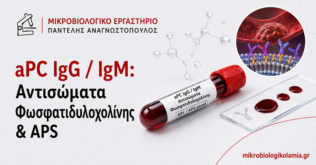 aPC IgG / IgM: Αντισώματα Φωσφατιδυλοχολίνης & APS 1 aPC IgG / IgM με σωληνάριο αίματος, εργαστηριακό πλακίδιο και ιατρική απεικόνιση για αντισώματα φωσφατιδυλοχολίνης και APS.