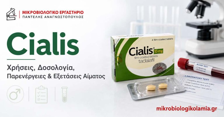 Cialis: χρήσεις, δοσολογία, παρενέργειες και εξετάσεις αίματος, με συσκευασία tadalafil και εργαστηριακά στοιχεία