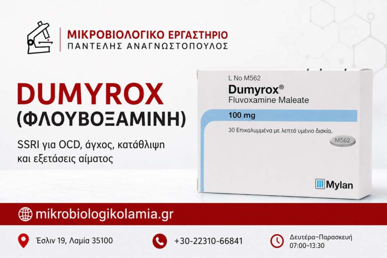 Dumyrox φλουβοξαμίνη featured image με το κουτί του φαρμάκου, το λογότυπο του Μικροβιολογικού Εργαστηρίου Λαμίας και αναφορά σε OCD, άγχος, κατάθλιψη και εξετάσεις αίματος