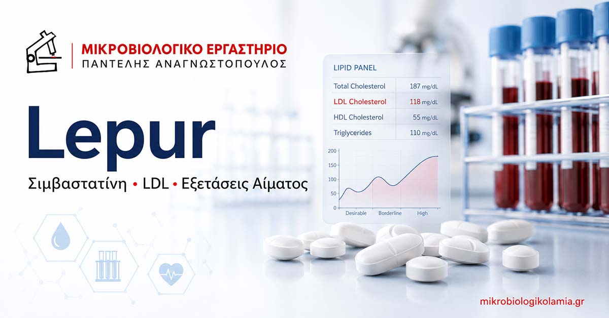 Lepur με αναφορά σε σιμβαστατίνη, LDL, εξετάσεις αίματος, δισκία και εργαστηριακά σωληνάρια σε featured image για το mikrobiologikolamia.gr