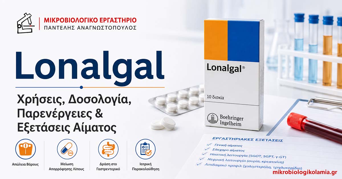 Lonalgal: χρήσεις, δοσολογία, παρενέργειες και εξετάσεις αίματος, με συσκευασία φαρμάκου και εργαστηριακά στοιχεία