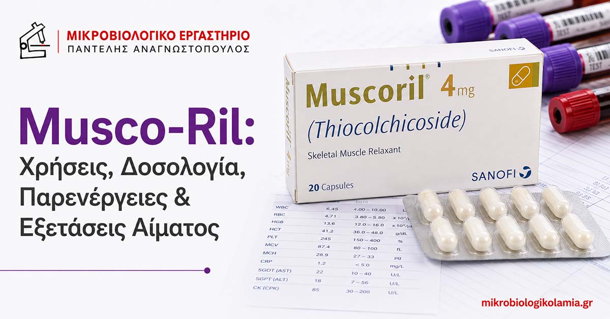 Musco-Ril: χρήσεις, δοσολογία, παρενέργειες και εξετάσεις αίματος, με συσκευασία θειοκολχικοσίδης και εργαστηριακά στοιχεία