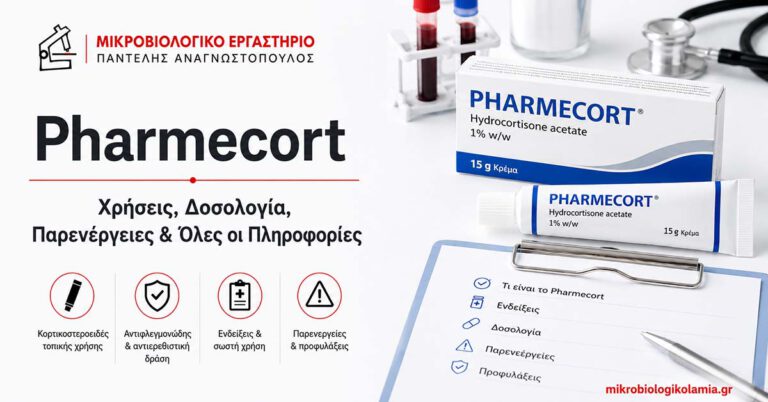 Pharmecort: χρήσεις, δοσολογία, παρενέργειες και πληροφορίες, με συσκευασία και σωληνάριο υδροκορτιζόνης και εργαστηριακά στοιχεία