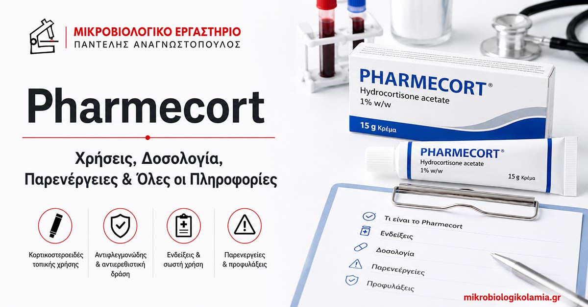 Pharmecort Κρέμα: Χρήσεις, Δοσολογία & Παρενέργειες 1 Pharmecort: χρήσεις, δοσολογία, παρενέργειες και πληροφορίες, με συσκευασία και σωληνάριο υδροκορτιζόνης και εργαστηριακά στοιχεία