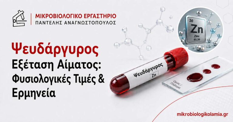 Ψευδάργυρος με σωληνάριο αίματος, σύμβολο Zn και εργαστηριακό πλακίδιο για εξέταση αίματος, φυσιολογικές τιμές και ερμηνεία αποτελεσμάτων.
