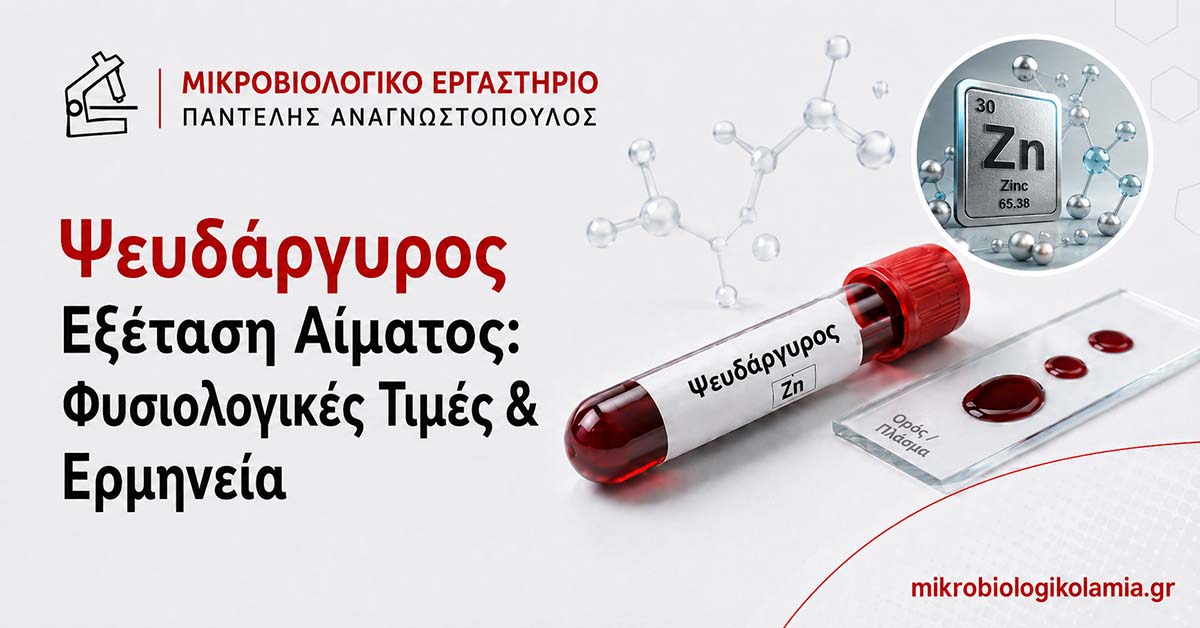 Ψευδάργυρος με σωληνάριο αίματος, σύμβολο Zn και εργαστηριακό πλακίδιο για εξέταση αίματος, φυσιολογικές τιμές και ερμηνεία αποτελεσμάτων.
