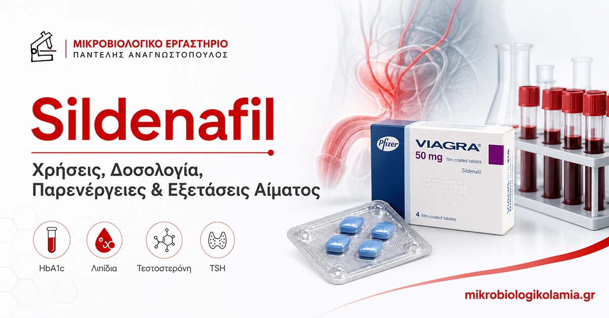 Σιλδεναφίλη (Sildenafil): Χρήσεις, Δοσολογία, Παρενέργειες & Εξετάσεις Αίματος 1 Σιλδεναφίλη Sildenafil με συσκευασία φαρμάκου, εξετάσεις αίματος HbA1c, λιπίδια, τεστοστερόνη και TSH