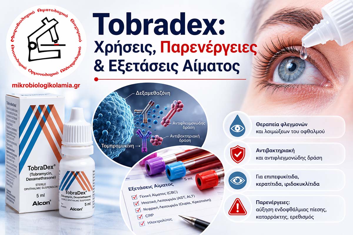 Tobradex: Χρήσεις, Παρενέργειες & Εξετάσεις Αίματος 1 Tobradex οφθαλμικές σταγόνες με απεικόνιση ματιού, σωληνάριο αίματος και εξετάσεις αίματος
