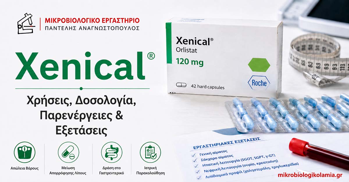 Xenical: χρήσεις, δοσολογία, παρενέργειες και εξετάσεις, με συσκευασία orlistat 120 mg και εργαστηριακά στοιχεία